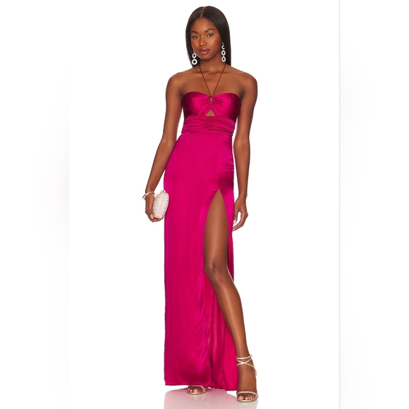 NEW Amanda Uprichard X REVOLVE Destina Silk Gown in Fuschia | Sz Large - Picture 7 of 10